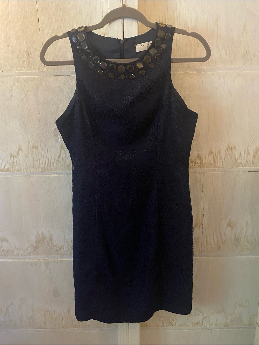 Trina Turk Navy Sleeveless Beaded Neck Midi Dress